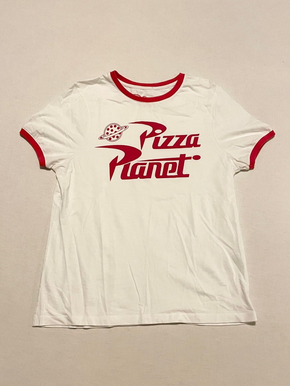 Disney Pixar Toy Story Pizza Planet Ringer T-Shirt Womens M White Red Graphic